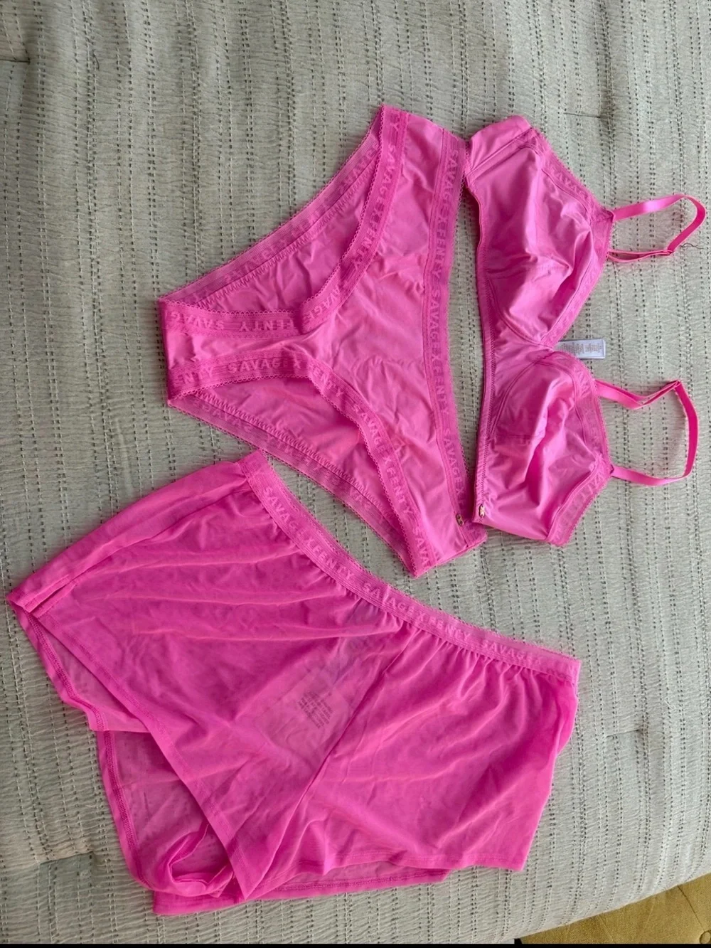 Savage X Fenty Neon Pink Three-Piece Lingerie Set - Bra, Briefs & Shorts